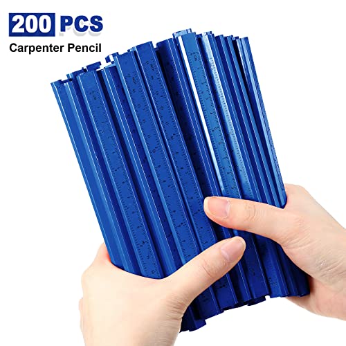 Honoson 200 Pcs Flat Construction Pencils with Printed Ruler Wood Graphite 2 Pcs Carpenter Pencil Sharpener for Woodworking Marking Tool(Blue) - color: Blue