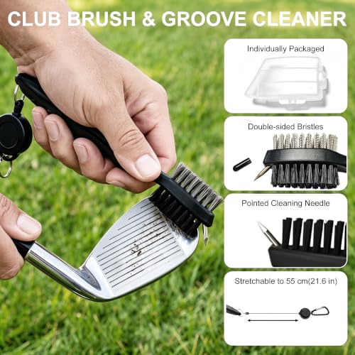 Golf Towel for Men with Club Brush & Divot Tool – 16"x24" Tri-Fold Waffle Microfiber Towel, Retractable Club Groove Cleaner & Divot Repair Tool, Golf Accessory Kit for Male Golfers (Black) - color: Black
