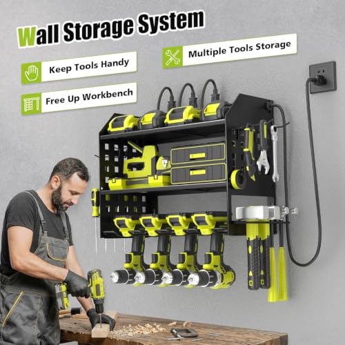 SUNALLY Power Tool Organizer Wall Mount with Charging Station,3 Layer,Black - style: 4 Drill Holders E
