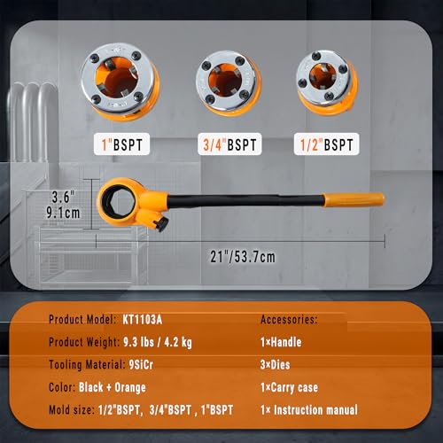 BSPT Ratchet Pipe Threader Kit w/ 3 Dies (1/2", 3/4", 1"), Heavy-Duty 9SiCr Steel Threading Tool for Galvanized, Iron, Copper & Aluminum Pipes, Portable with Storage Case for Plumbing - size: 1/2"- 1" (BSPT-3pcs)