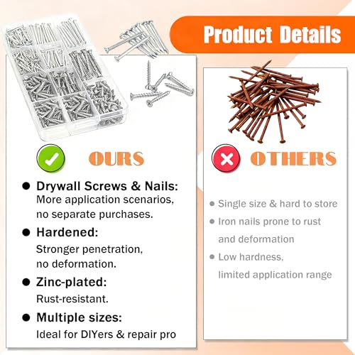 Dianrui Nails & Wood Screws Assortment Kit, 320 PCS #6#8 Philips Drywall Screws Set and High Hardness Hardware Small Nails for Picture Hanging/DIY Repair Project Length 1/2" to 2" - color: Silver, size: 320PCS