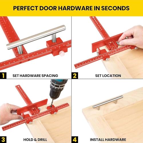 Big Horn 19607 Adjustable Cabinet Hardware Jig – Precision Drilling Guide for Cabinet Handles and Knobs – Adjustable Ruler with Drill Bushings – Install Pulls and Hardware on Doors and Drawers
