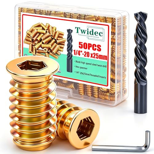 Twidec/50PCS 1/4"-20 Threaded Inserts for Wood Furniture Screw-in Nut Wood Inserts Bolt Assortment Kit with M6 Hex Wrench (1/4"-20 x25mm) N-059-1/4x25 - size: 1/4"-20 x 25mm (50 PCS)