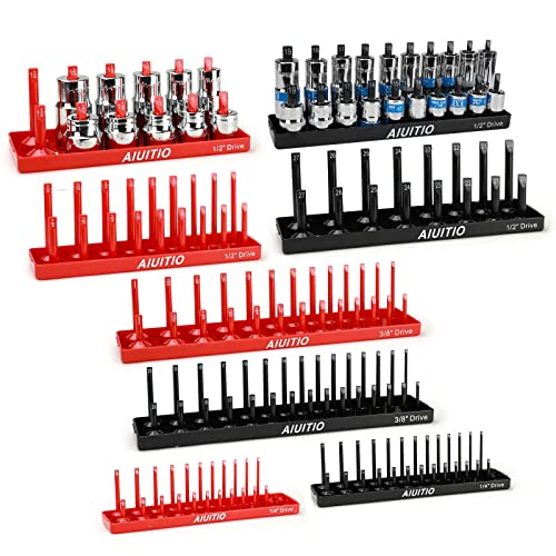 AIUITIO 8 Piece Metric & SAE Socket Organizer Tray Set, 1/4-Inch, 3/8-Inch & 1/2-Inch Drive Standard & Deep Socket Holders for Toolboxes, Store 176 Sockets - size: 176 Socket Capacity