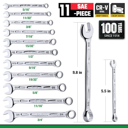 SK Combination Wrench Set, SAE 5/16'' to 3/4'', 11-Piece, CR-V Steel - size: SAE