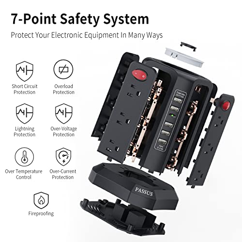 PASSUS Surge Protector Power Strip with 5 USB Ports and Night Light - color: Black-BZX-10ft