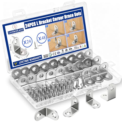 24PCS L Bracket Corner Brace, Stainless Steel L Brackets for Shelves, Metal Corner Bracket, Small Right Angle Brackets for Wood Furniture Chair Drawer Cabinet with 48PCS Screws (0.79 x 0.79 inch)