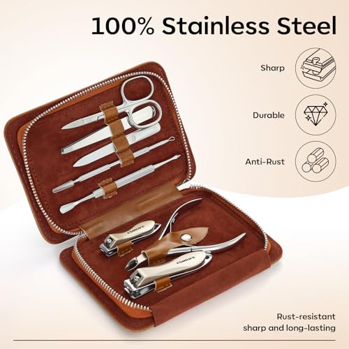 FAMILIFE Stainless Steel Manicure Set 8-in-1 Professional Nail Clipper Kit | Portable Leather Travel Case, Pedicure & Grooming Tools for Fingernails & Toenails, Luxury Gifts Set for Men & Women, Brown - color: Brown-1