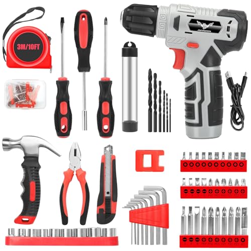 JENABOM Tool Set, 146-Piece Home Tool Kit with 8V Cordless Drill - color: Red