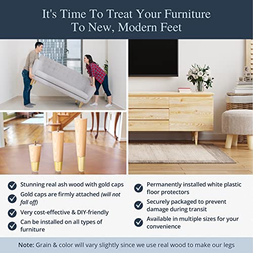 Airy Abode Premium Ash Wood Furniture Legs with Gold Caps (Full Install Kit) - Pick Your Size and Color - color: Ash / Gold, size: 4 Inches