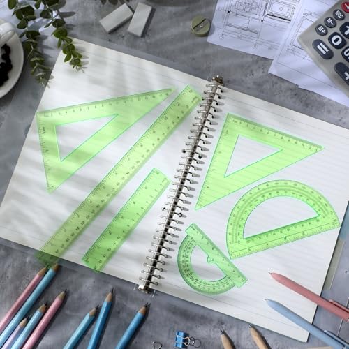 Tenare 6 Pcs Math Geometry Ruler Straight Protractor Triangle, Green - color: Green