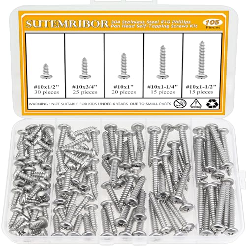 105 Pieces #10 x 1/2" 3/4" 1" 1-1/4" 1-1/2" Wood Screws Set, Phillips Pan Head #10 Self-Tapping Screws Assortment Kit, 304 Stainless Steel - size: #10, style: Phillips Pan Head