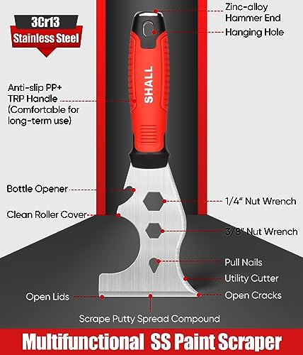 SHALL Drywall Tool Kit, 7 Pcs Stainless Steel Set Includes Putty Knife, Taping Knife, Painter Scraper Tool & 12" Mud Pan for Joint Taping, Finishing, Patching