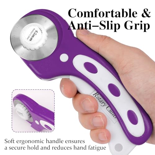 45mm Rotary Cutter for Fabric with 5 Extra Blades, Roller, with Safety Lock - color: Purple