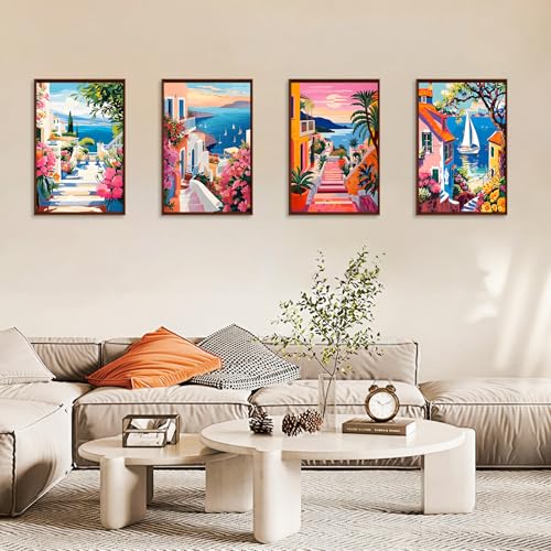 4 Pack Paint by Numbers Kit for Adults with Frame, Seaside Town Landscape - color: OP4FUS2506-05