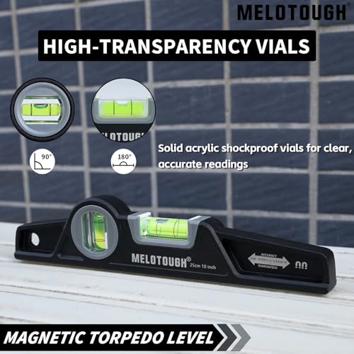 MELOTOUGH 10 Inch Die-Cast Magnetic Torpedo Level,Magnetic Level for Carpenter,Construction,Scaffolding, Plumbing Torpedo Level with Rare Earth Magnet,Pencil and Holster,Black,2PCS - color: Black-2pcs