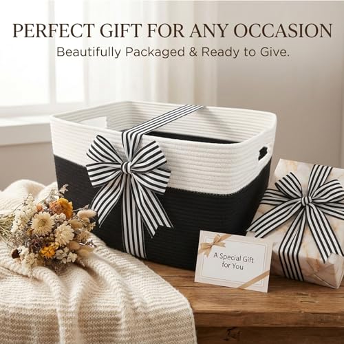 JMvicyroam 65L Large Woven Cotton Rope Blanket Basket, White&Black - color: White&Black, size: 65L