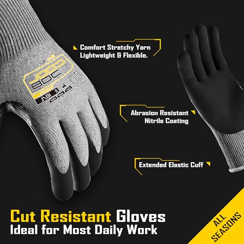 COOLJOB ANSI A5 Cut Resistant Gloves - 1/3/12 Pairs, Nitrile Rubber Dipped Safety Work Gloves for Men, Knife Proof with Grip Coating for Construction Warehouse Glass Wood Work, Grey Large - size: Large, style: A5 Pack of 3