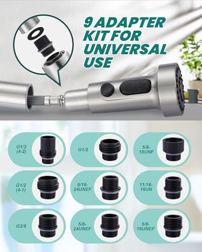 ARCORA Pull Down Kitchen Faucet Head Replacement with 13 Adapters, 3 Modes - color: Brushed Nickel