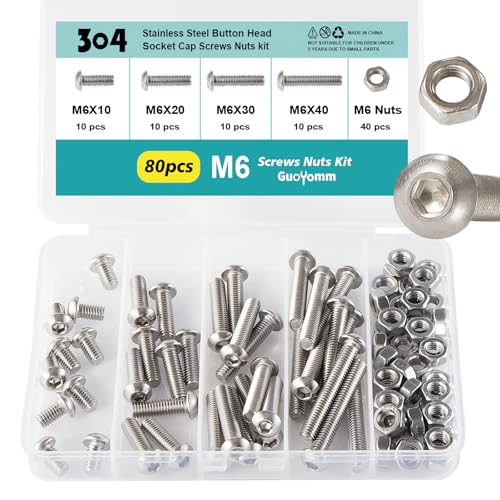 M6 x 10mm 20mm 30mm 40mm Button Head Socket Cap Screws Bolts and Nuts, Stainless Steel 304, Bright Finish, Metric Allen Hex Drive, Fully Thread, Assortment Kit 80PCS - size: Button M6x10-40mm+Nuts
