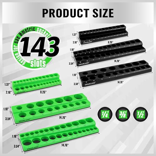 Magnetic Socket Organizer Set, 6-piece 1/4", 3/8", 1/2" SAE & Metric Sockets Holder, Drive Socket Trays, Storage Tool Box, Holding 143 Slots, Soft Rubber Covering Black Green Tools - style: 6PCS Green/Black