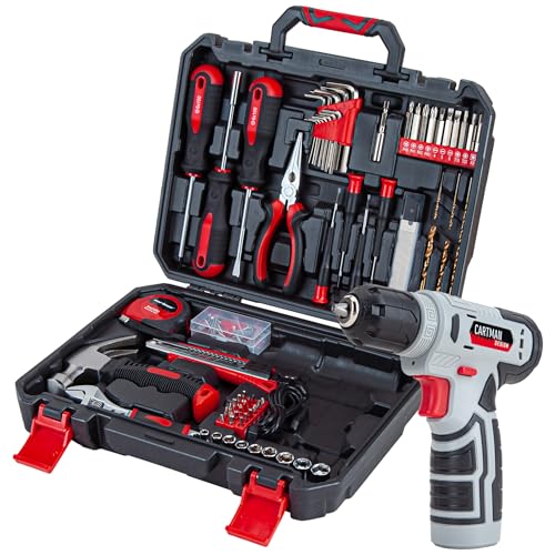 CARTMAN 150-Piece 8V Cordless Drill Hand Tool Set, Red Household Repair Kit - color: Red