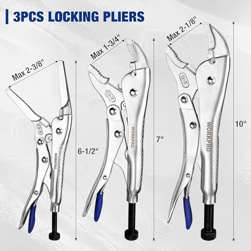 WORKPRO 3PCS Locking Pliers with Hex Key, Long Nose Curved Jaws Vice Grips