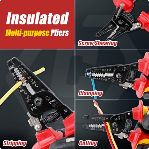 3 PCS Insulated Pliers Set, 1000V Insulated Electrical Tools Kit with Wire Stripper, Linesmen & Diagonal Cutters, VDE Certified