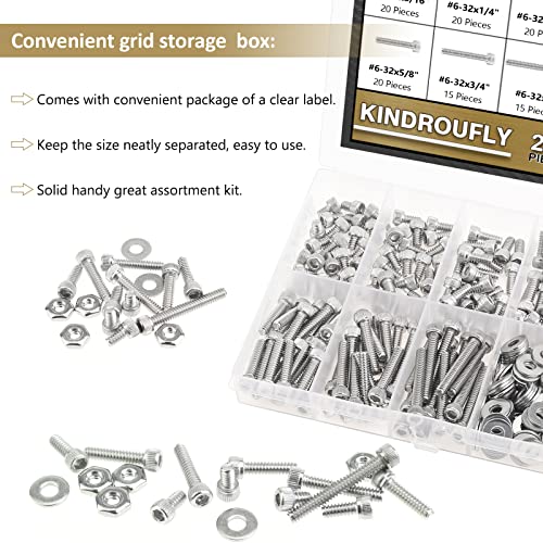 252 Pieces #6-32 x 3/16", 1/4", 5/16", 3/8", 1/2", 5/8", 3/4", 1", Hex Socket Head Cap Screws Nuts Washers Assortment Kit, 304 Stainless Steel, Fully Machine Thread - size: #6-32, style: Socket Head