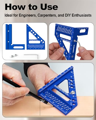 3D Multi-Angle Aluminum Alloy Woodworking Square Ruler, 22.5-90 Degree Protractor, High Precision Miter Triangle Ruler for Engineers, Carpenters, and Craftsmen - color: Blue