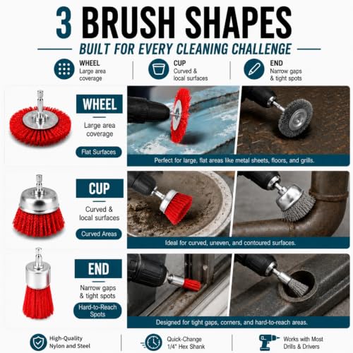 9-Piece Drill Brush Set, 6 Abrasive Nylon Brushes & 3 Wire Brushes for Drill, Wheel Cup and End Brushes with 1/4 Inch Hex Shank for Rust Removal, Paint Stripping and Surface Preparation