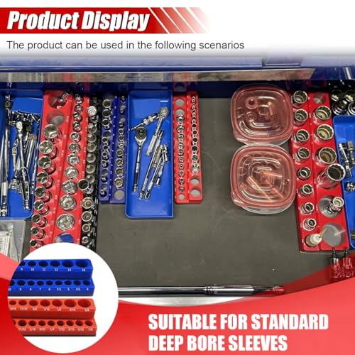2PCS Magnetic Socket Organizer Set - 1/4 Inch Drive Metric SAE Socket Holder Tool Trays Magnetic Sockets Storage Rail Holds 52 Standard and Deep Sockets for Tool Box Carts Drawer (1/4") - size: 1/4"