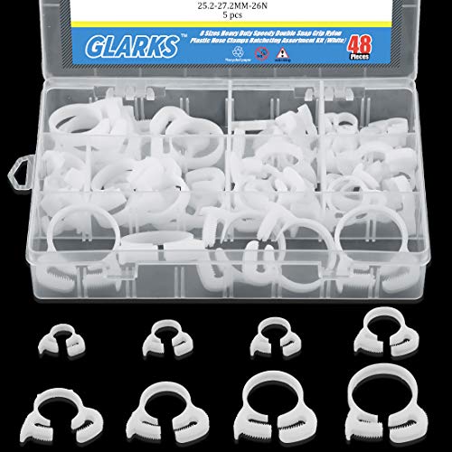 Glarks 48Pcs 8 Size Heavy Duty White Double Gripping Nylon Hose Clamps Set, 6.6-27.2mm Plastic Snap Ratcheting Clamps Assortment Kit (White 48Pcs)
