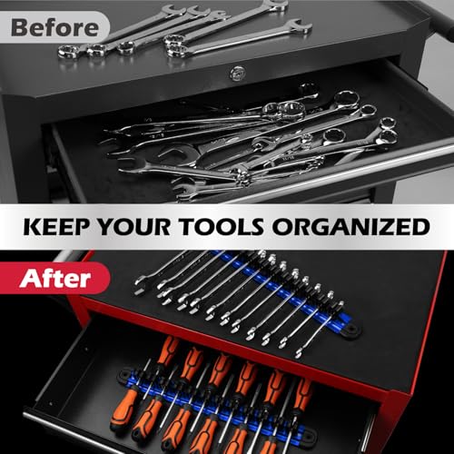 Magnetic Screwdriver Organizer and Wrench Organizer, 14-Slot Screwdriver and Wrench Holder, Magnetic Aluminum Rail Tool Organizer for Tool Box Drawer Wall-Mount Storage, Blue (Tools not Included) - style: 1-Pack Blue (14-Slot)