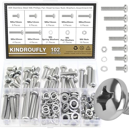 102 Pieces M6 x 10/12 /16/20 /25/30 /35mm Phillips Pan Head Machine Screws Nuts Washers Assortment Kit, 304 Stainless Steel, Fully Machine Thread - size: M6, style: Phillips Pan Head