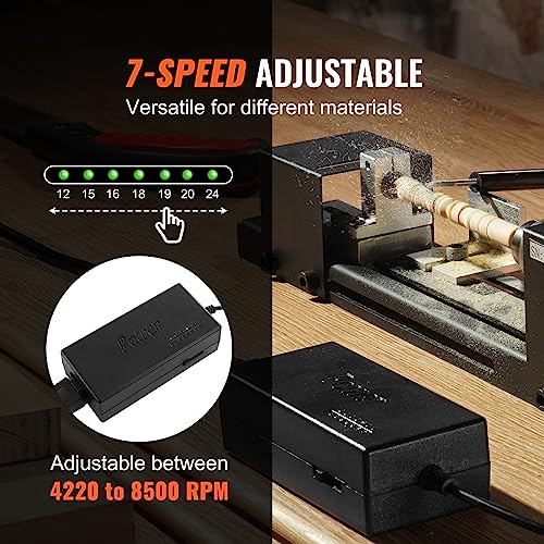 VEVOR Mini Lathe Machine, 2.76 in x 6.3 in, 24VDC 96W Mini Wood Lathe Tools Milling Machine Accessories, 7 Speeds 4220/5300/5650/6350/6660/7050/8450 RPM, for DIY Woodworking Wood Drill Rotary Tool - size: 2.76 in x 6.3 in