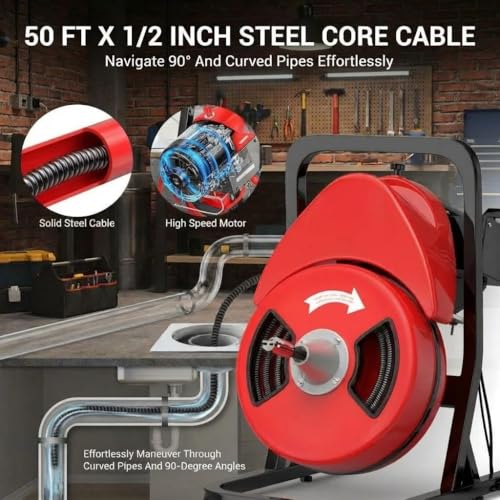 50ft x 1/2" Auto-Feed Drain Snake Cleaning Machine - 450W Electric Sewer Auger with 4 Cutters & Wheels for Sink, Toilet, Floor Drain