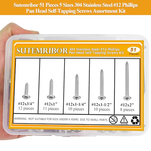 51 Pieces #12 x 3/4" 1" 1-1/4" 1-1/2" 2" Wood Screws Set, Phillips Pan Head #12 Self-Tapping Screws Assortment Kit, 304 Stainless Steel - size: #12, style: Phillips Pan Head