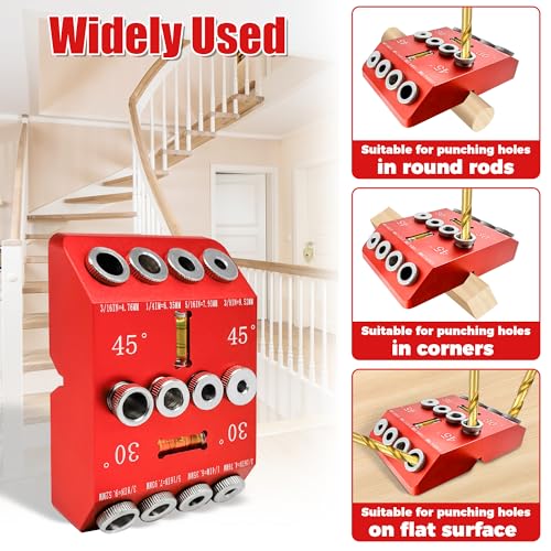 Portable Angle Drill Guide Jig with Level & 4 Drill Bits for Drilling 30°, 45°, 90° Degree Angled Holes, All Metal Jig for Angled or Straight Holes, for Wood Post Railing Stairs Handrail Deck