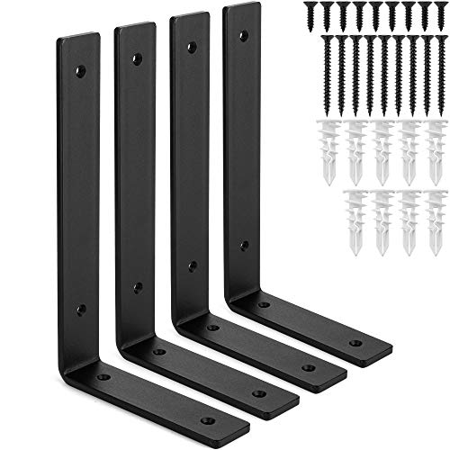 Heavy-Duty Shelf Brackets - Premium Construction Grade 1/4" (6mm) Thick Steel - Matte Black Iron Finish for Modern Farmhouse Rustic Open Shelving w/ Hardware, 4-Pack (L Bracket 10" x 6") - size: 10" x 6", style: L Bracket