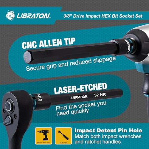 LIBRATON 3/8" Drive Long Impact Hex Bit Socket Set, Allen Bit Sockets | S2 Steel Hex Head Sockets, 20PCS Allen Wrench Socket, SAE&Metric Allen Bit Socket Set, 6" Long Allen Key Socket