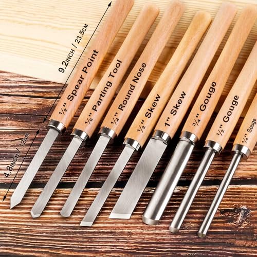 Hanpex 8 Piece Heavy Duty Wood Turning Chisel Set, Lathe Chisel Cutting Tools, (3) Gouge (1) Round Nose (1) Spear Point (2) Skew and (1) Parting Tools for Beginner to Professional