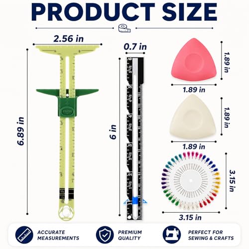 Sewing Gauge Measuring Tool Set, 5-in-1 Sliding Marker & Seam Gauge Ruler | Acrylic T-Shaped Quilting Ruler Set, Essential Sewing & Quilting Tools for Hemming, Buttonhole Marking & Crafting 5Pcs Yellow - color: Yellow
