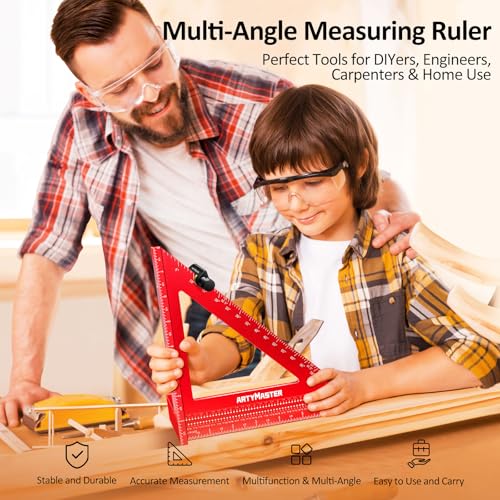8 inch 3D Multi-Angle Measuring Square Ruler, WT103C High Precision Hole Scribing Woodworking Tools, 0-90° Aluminum Alloy Carpenter Square with Stair Gauges, Carpenter Pencils 6 Refills. - color: 8 inch Square+Pencil+Stair Gauge, style: Imperial