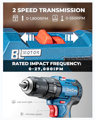 Dong Cheng 20V Brushless Heavy-duty Impact Drill, 443 in-lbs, 27000 IPM, 1/2" Keyless Metal Chuck, 20+1+1 Clutch, Cordless Hammer Drill with 2 Battery Kit for Drilling Brick Wall, Metal, Wood - style: 443in-lbs Impact Drill