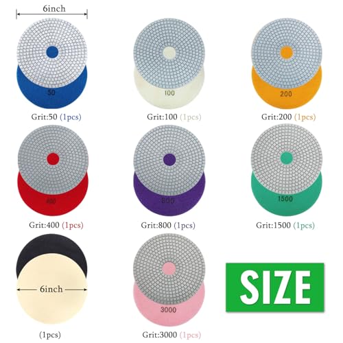 8PCS Diamond Polishing Pads 6 Inch, Wet/Dry Concrete Polish Tools Kit for Drill, Grinder, Polisher, 50-3000 Grit Polishing Set for Marble Granite Quartz Stone - size: 6 Inch 50-3000 Grit