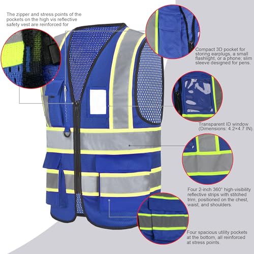 A-SAFETY Mesh High Vis Vest, Reflective Construction Vest with Pockets - color: Blue, size: Small