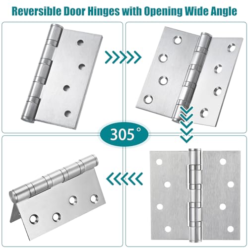 6 Pack Silver 4'' Ball Bearing Door Hinges, 4 x 4 Inch Exterior Door Hinge - color: Silver