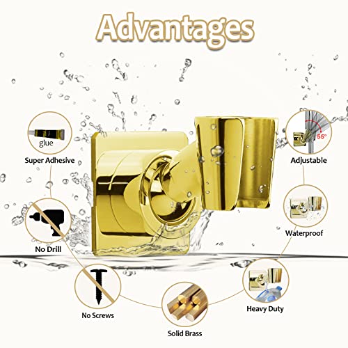 Shower Head Holder Handheld Shower Wand Holder Adjustable Shower Head Bracket Shower Wall Mount Holder, Polished Brass/Gold Finish, Drill Free Glue Installation - color: Yellow