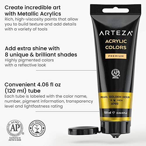 Arteza Metallic Acrylic Paint, Set of 8 Jewel Tones Colors in 4.06oz Tubes, Rich Pigments, Non Fading, Paints for Artists and Hobby Painters - style: 8 x 120ml (4.06 fl oz) Jewel